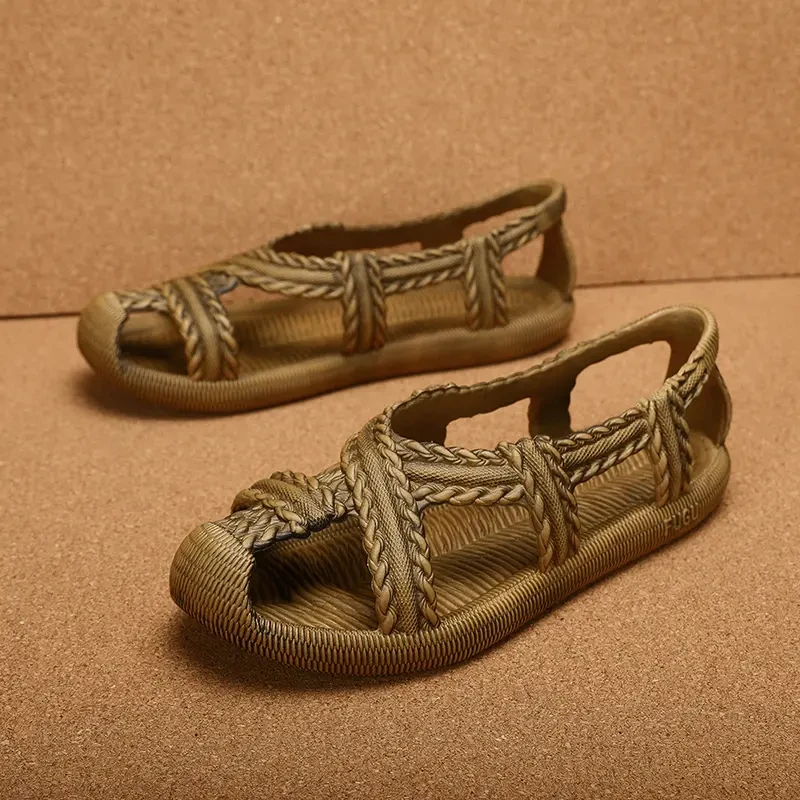 夏季新中式仿制编织鞋软底透气防滑沙滩鞋男鞋镂空藤编草鞋