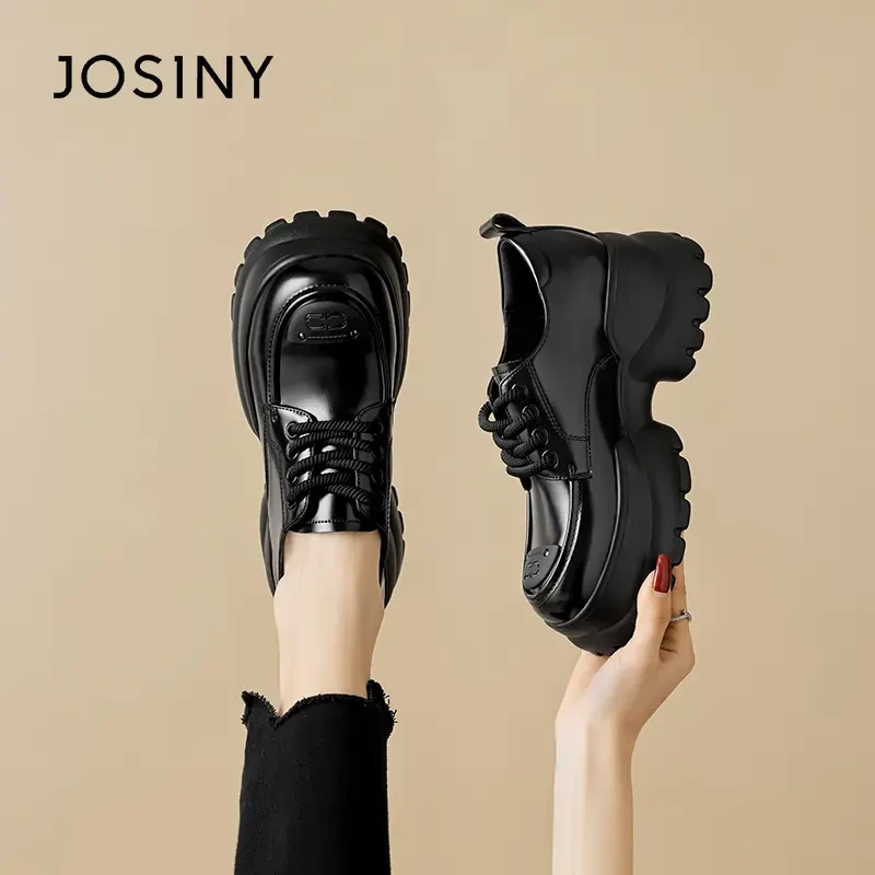 卓诗尼厚底乐福鞋2025春季时尚百搭休闲黑色复古英伦风圆头系带鞋