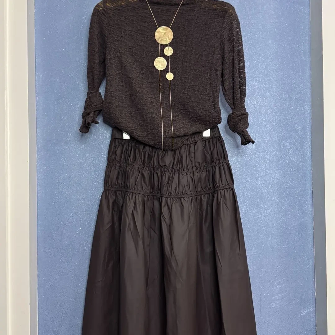 设计感打揽显瘦松紧腰中长褶皱半身裙