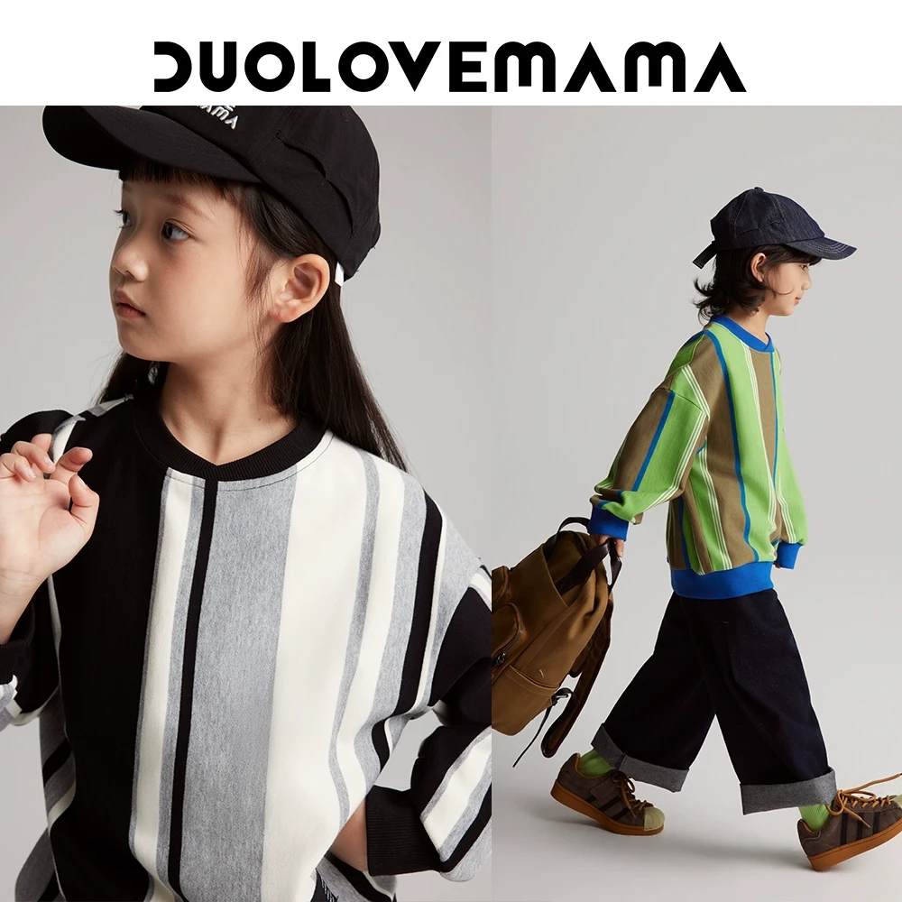 DUOLOVEMAMA 【达人】学院风条纹儿童卫衣男女童撞色套头长袖上衣春