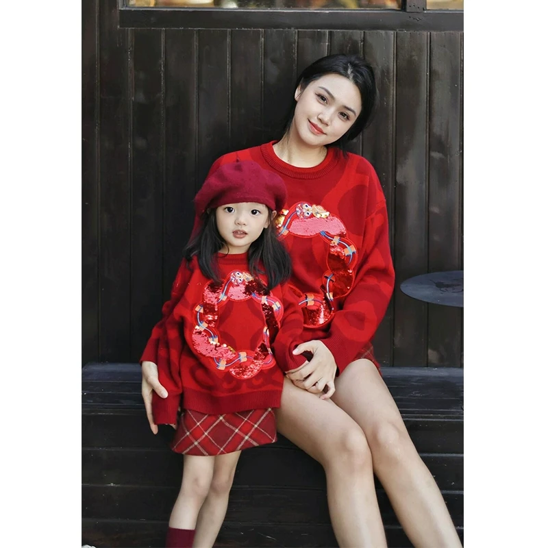 壹妈童装女童拜年服毛衣春秋宝宝洋气红色喜庆衣服儿童蛇年针织衫