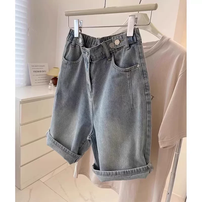 夏季薄款牛仔短裤女胖妹妹mm大码高腰梨形身材宽松显瘦五分直筒裤