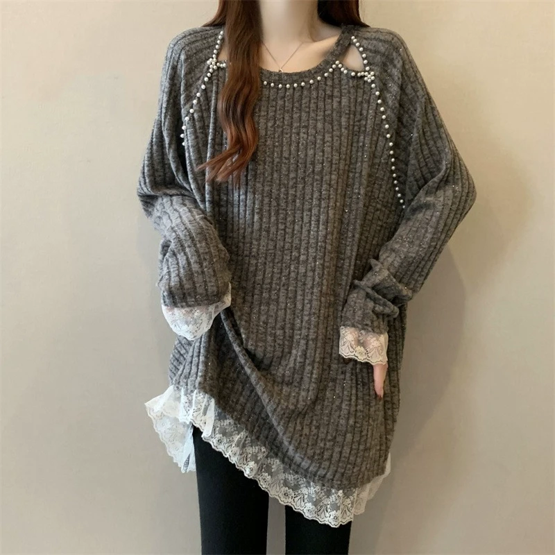 【新年穿搭】微胖妹妹大码中长款长袖t恤拼接蕾丝女显瘦钉珠打底衫