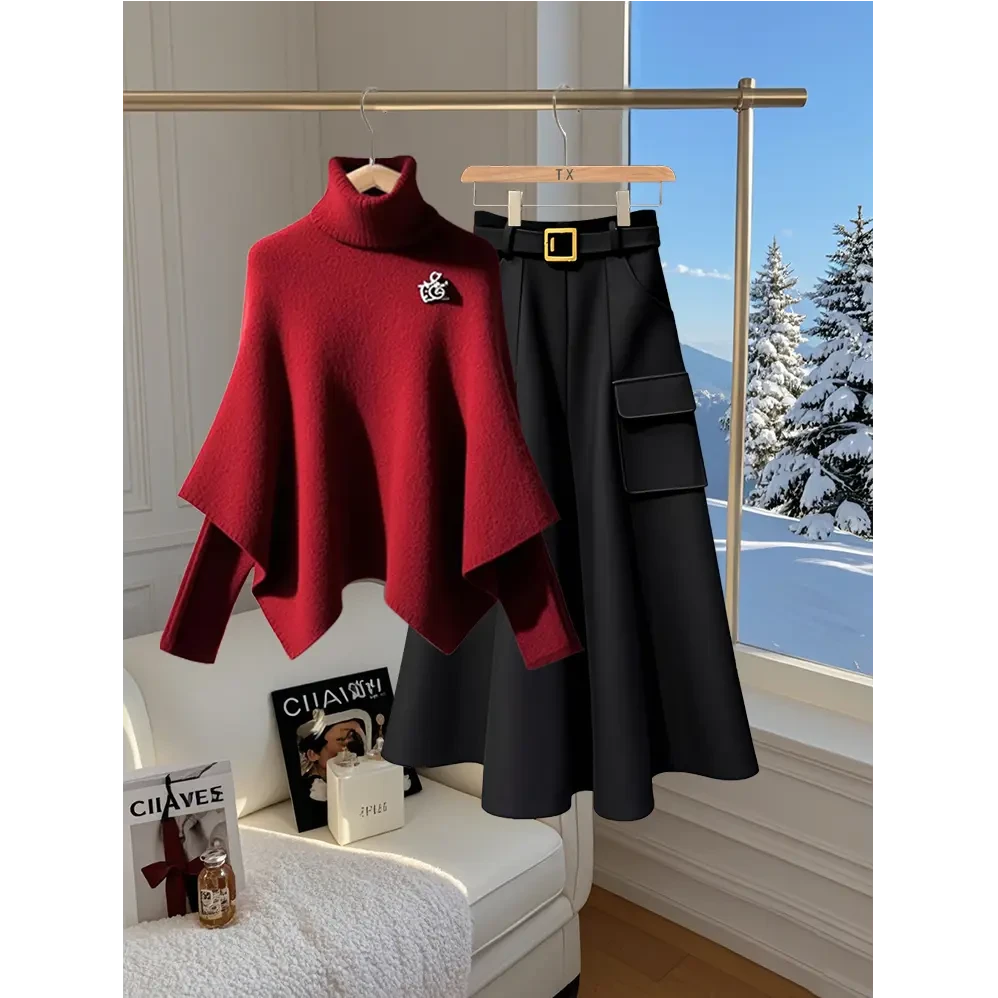 3863+3945秋冬品质女装时尚气质假两件上衣梨型身材显瘦半身裙