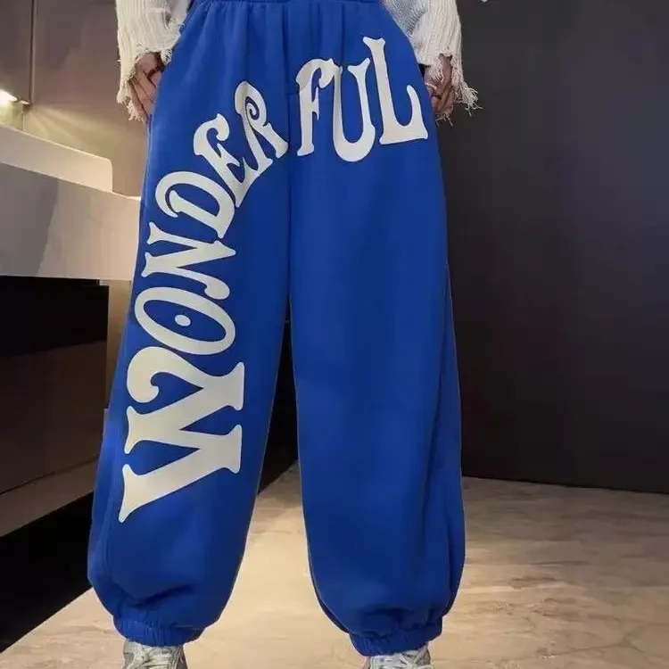 秋冬加绒街舞嘻哈宽松字母束脚运动卫裤女爵士跳舞百搭休闲长裤