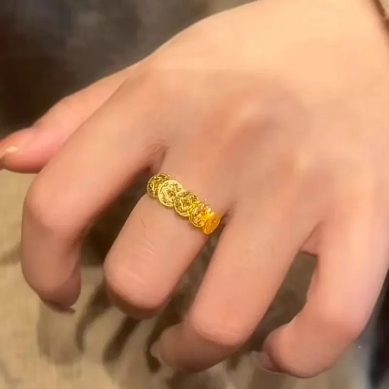 铜合金戒指 2025新款黄金色钱多多古法戒指小众轻奢腰缠万贯指环