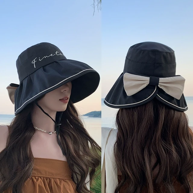 防晒帽子女2025新款拼色蝴蝶结渔夫帽女夏季可折叠黑胶大檐遮阳帽