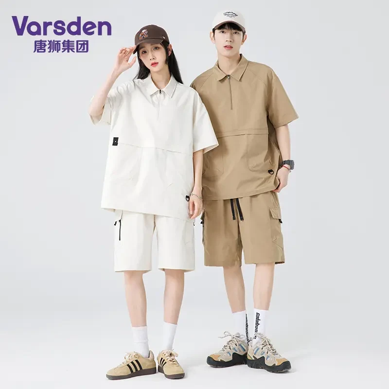 唐狮集团Varsden夏季男女生工装拉链士短袖宽松短裤复古潮流套装