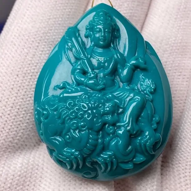 原矿高瓷精工雕刻文殊菩萨挂件项链坠AA119