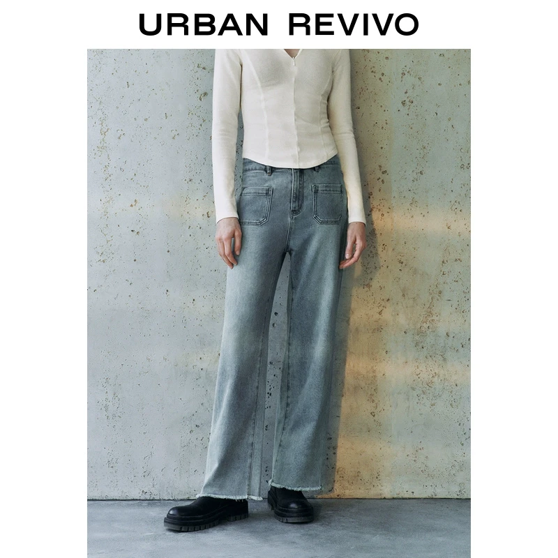 UR2025秋季新款女装复古休闲水洗高腰牛仔长裤UWH850005
