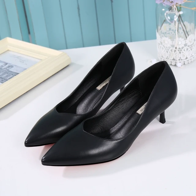 层跟女职业工作细软皮黑色内外头高跟鞋不累尖头单鞋女羊皮脚鞋子