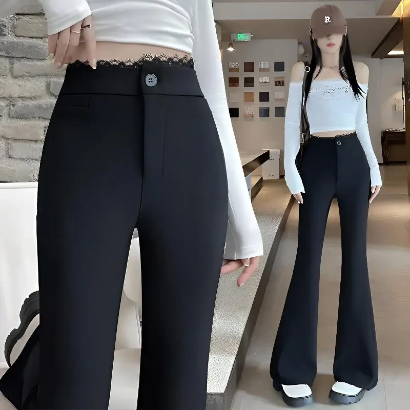 黑色蕾丝拼接微喇裤女款2025春夏新款垂感高腰弹力显瘦阔腿裤子