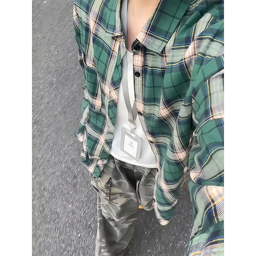 日系复古绿色格子长袖衬衫男春秋cleanfit潮牌高级感宽松衬衣外套