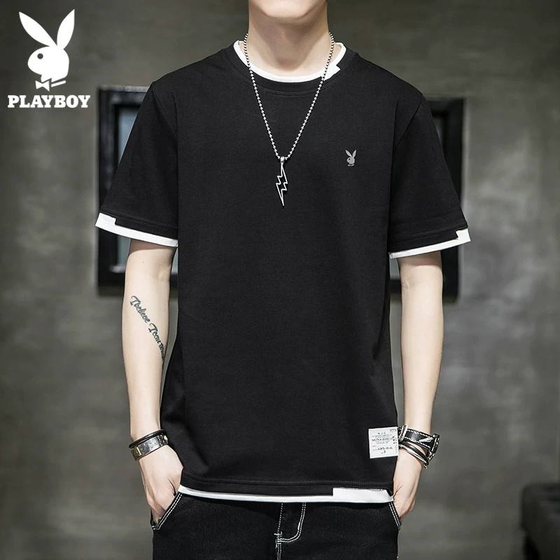 花花公子短袖男士夏季薄款潮流潮牌纯棉上衣服休闲圆领宽松t恤男