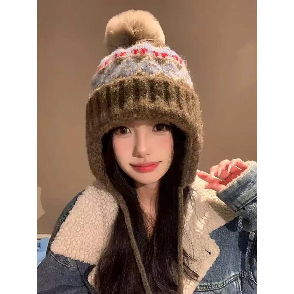 费尔岛帽子女秋冬季加厚保暖护耳显脸小毛线防寒针织包头雷锋帽