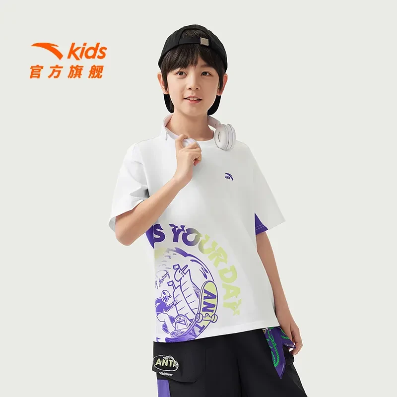 安踏儿童男童针织短袖衫2025夏季新款透气柔软时尚短袖352528106