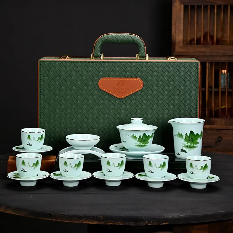 新中式18件套青瓷翠绿山水三才盖碗整套功夫茶具送人礼盒套装