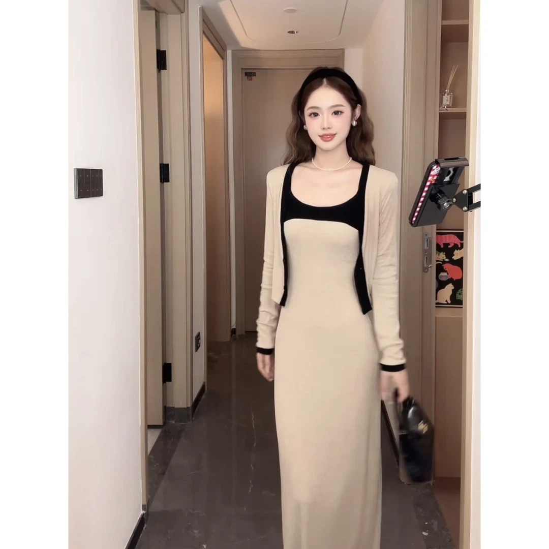 【现货运费险】秋装新款撞色吊带内搭修身显瘦短款长袖开衫两件套