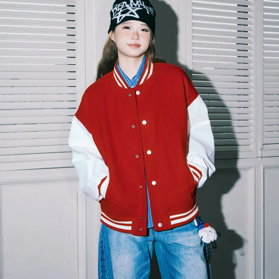 lemanism红色绣棒球服外套男2025秋季情侣撞色夹克女