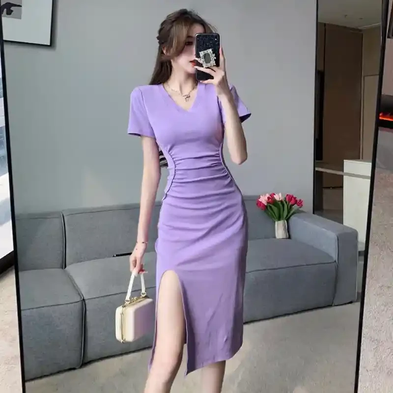 气质v领短袖连衣裙女夏季设计感褶皱收腰t恤裙修身显瘦开叉包臀裙