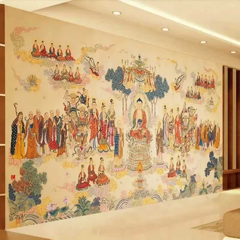 佛家寺庙佛堂菩萨庄严背景墙纸装饰壁画佛祖说法壁纸墙布壁布