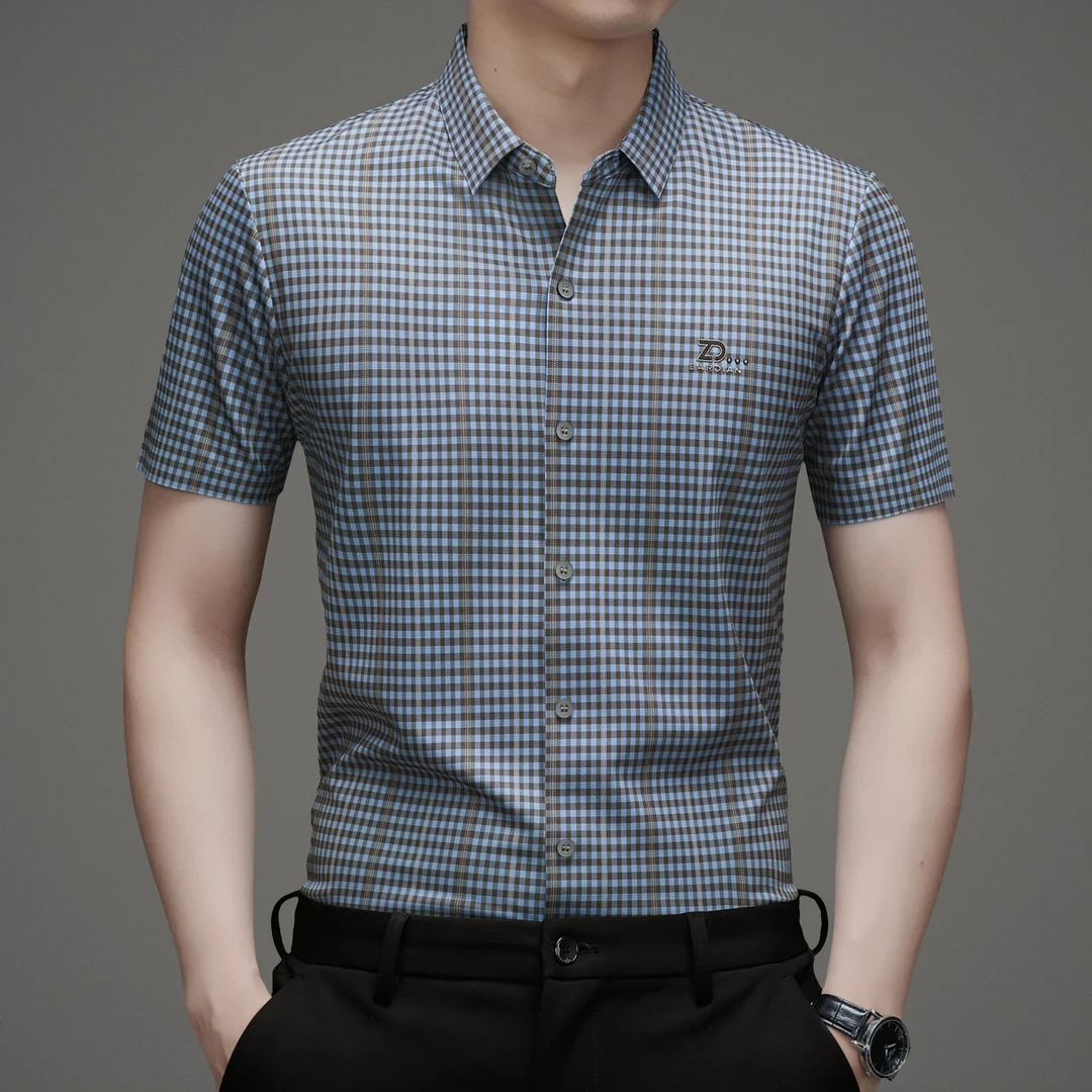 老爷车夏季短袖衬衫男款格纹弹力透气时尚商务休闲衬衣薄款