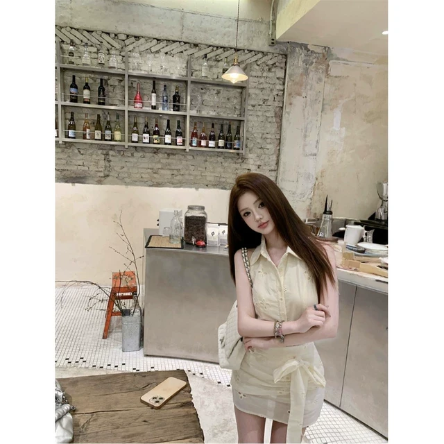 设计感套装气质杏色polo领无袖衬衫上衣女夏季绑带半身裙子两件套