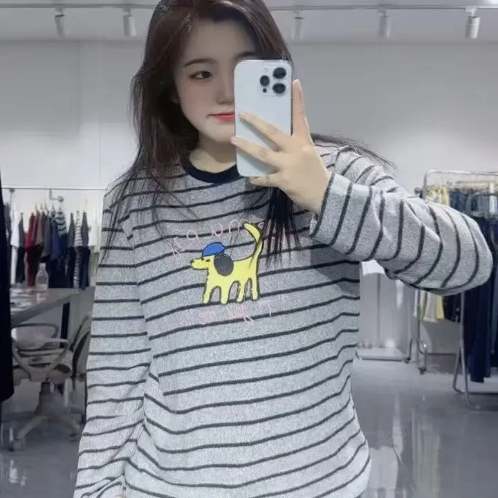 秋冬圆领长袖蓝色条纹显瘦T恤时尚加绒印花韩系风200斤能穿的款