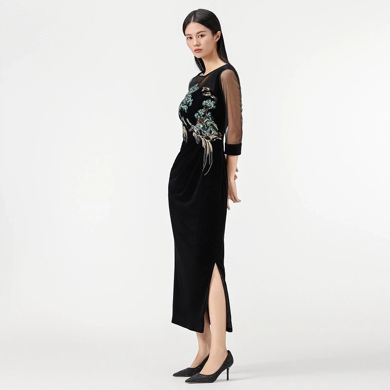 SUSSI/古色25春商场同款圆领中长袖贴花收腰小礼服婚宴礼服