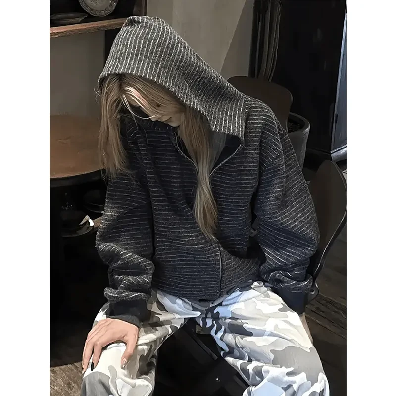 美式高街设计感条纹连帽开衫卫衣男款早秋季男士美式高街连帽卫衣