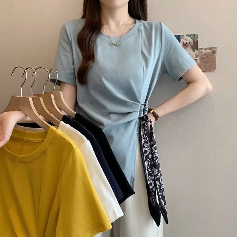 2025年夏装新款胖mm大码女短袖别致丝巾不规则遮肉显瘦上衣T恤女