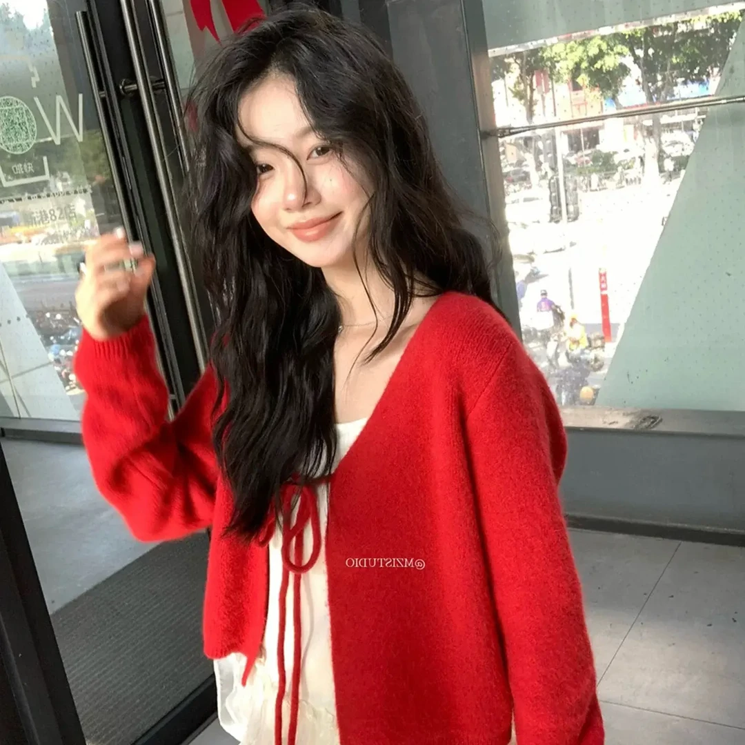 韩系v领圣诞红针织开衫秋季上衣女短款花边吊带背心叠穿两件套660