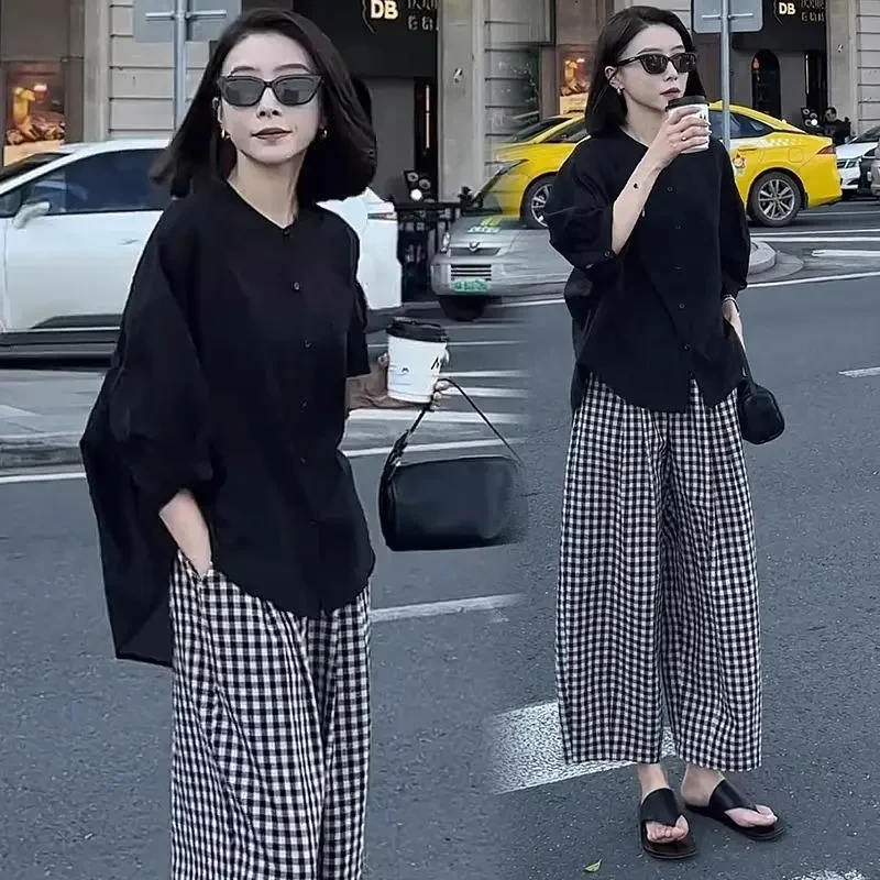 时尚休闲套装女2025春季新款小个子宽松显瘦衬衫格子阔腿裤两件套