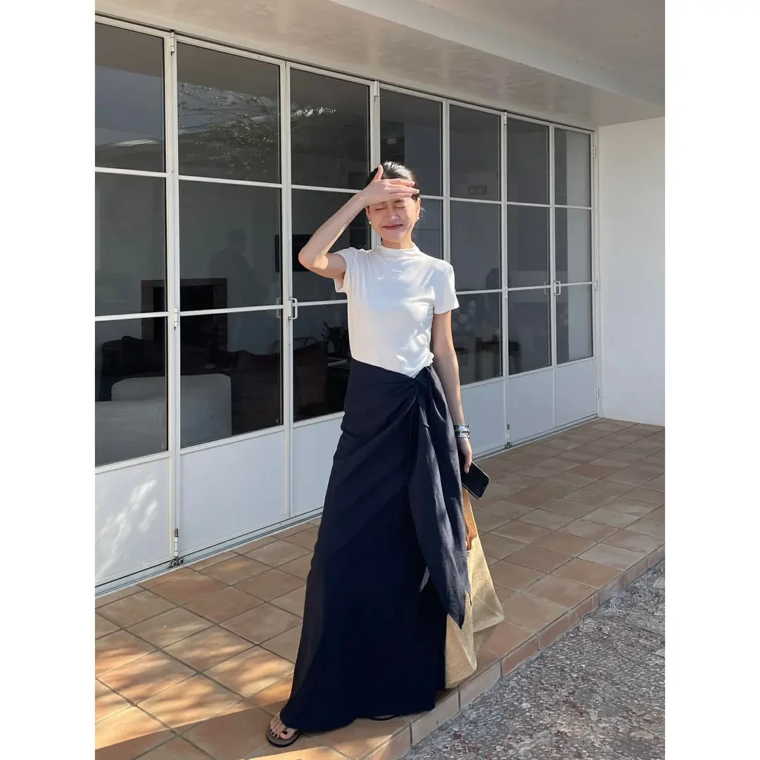 洋气衣服女简约气质百搭小高领短袖T恤上衣系带收腰显瘦半身长裙