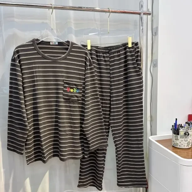 长袖撞色条纹情侣德绒家居服套装加大版秋季