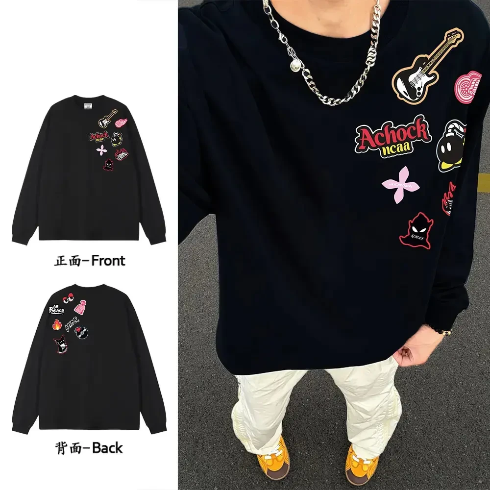 美式高街趣味卡通印花重磅纯棉长袖T恤秋季男宽松秋季长袖男款