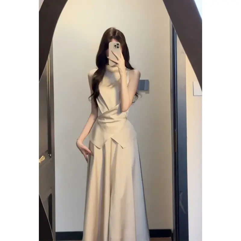 洋气衣服女2025早春气质收腰无袖圆领缎面上衣高腰显瘦A字半身裙