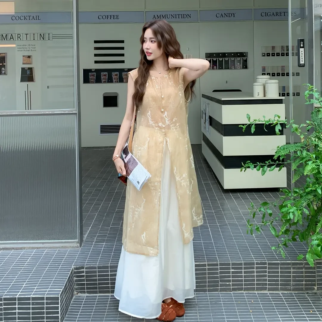 清冷感国风禅意套装裙女2025夏季新款新中式印花罩衫半身裙两件套
