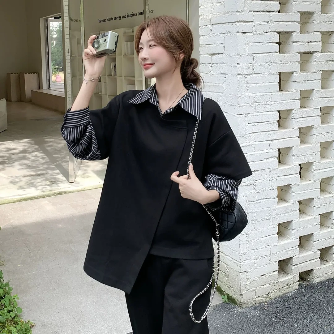 秋冬韩系假两件条纹拼接衬衫套装女时尚休闲阔腿长裤洋气显瘦