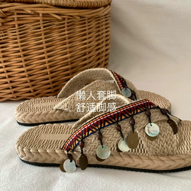 自留种草~INS手工泰国风编织沙滩拖鞋女夏西双版纳度假民族风凉拖