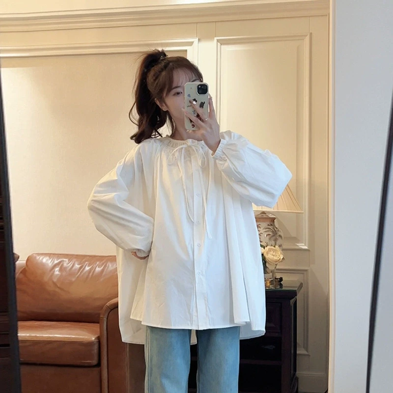 小众花边褶皱~孕妇衬衫春秋装简约抽绳系带宽松单排扣灯笼袖上衣