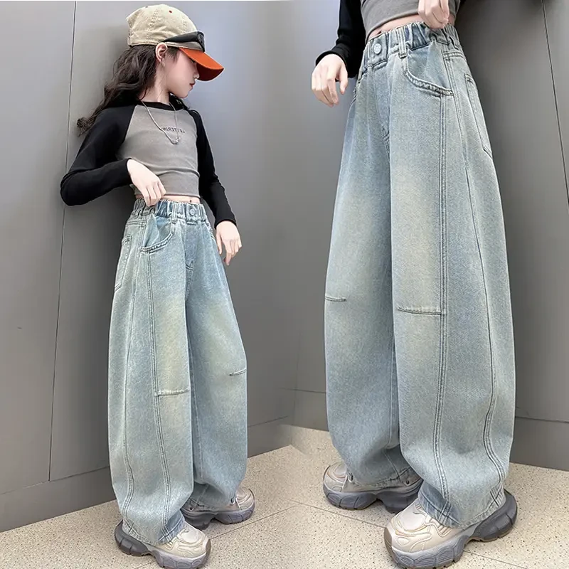 女童拼接牛仔裤春夏新款大童宽松休闲弯刀裤初中生儿童长裤阔腿裤