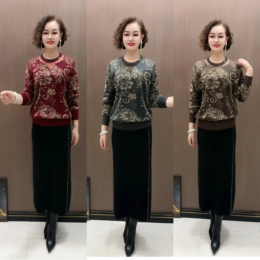 原版秋冬新款圆领镂空烫钻腰果花宽松显瘦减龄时尚气质针织打底衫