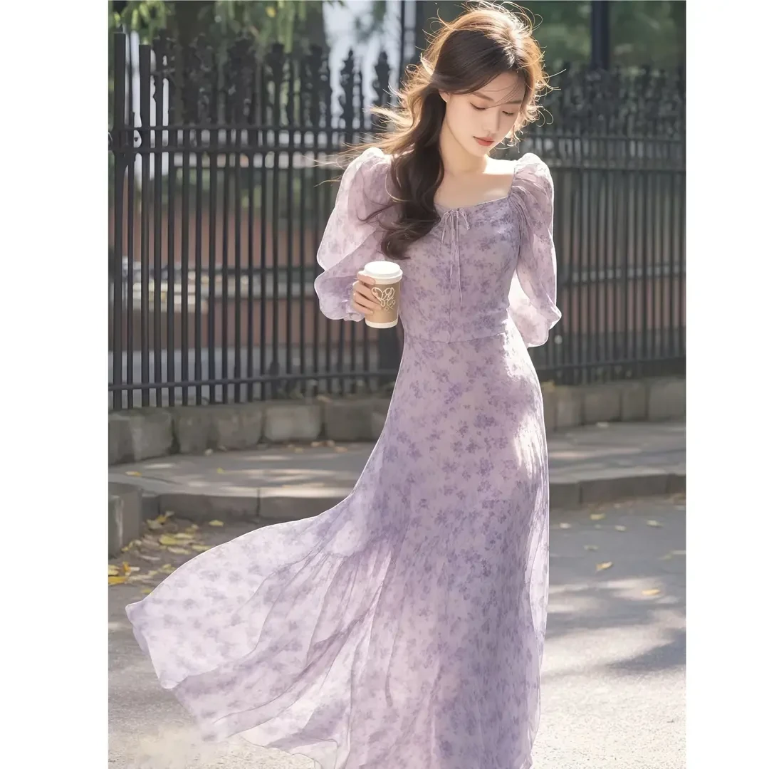 茶歇法式紫色碎花小众连衣裙2025夏季新款度假风超仙女收腰长裙子