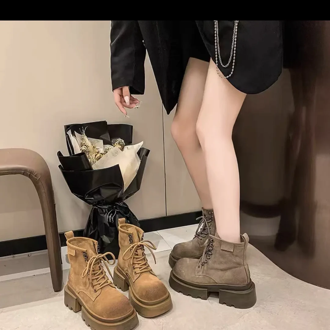 磨砂皮大黄靴侧拉链英伦风平底休闲风女英伦马丁靴