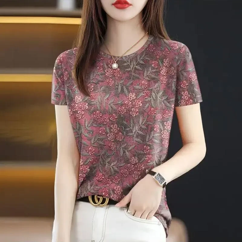2025夏季新款女圆领短袖T恤百搭时尚印花打底衫遮肚洋气女士上衣