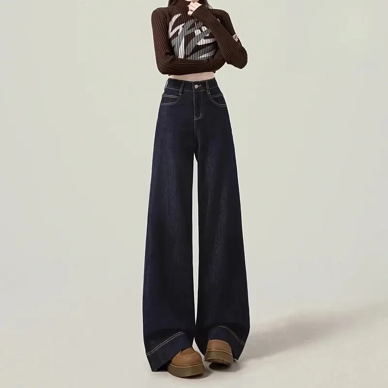 美式宽松阔腿牛仔裤女2025春季新款高腰直筒拖地显瘦裤子