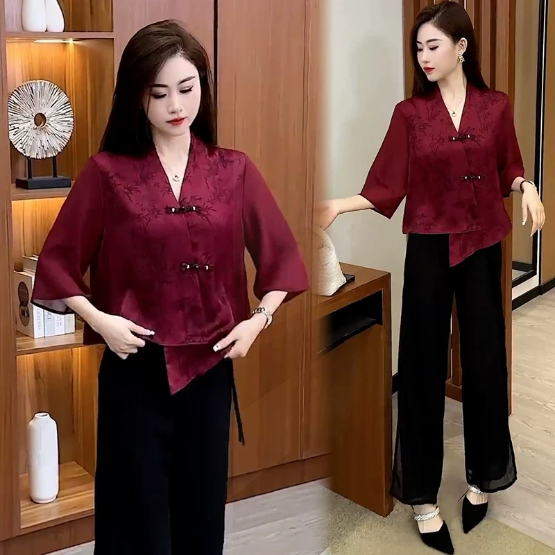 新中式时尚套装女夏季流行洋气减龄宽松国风盘扣短袖阔腿裤两件套