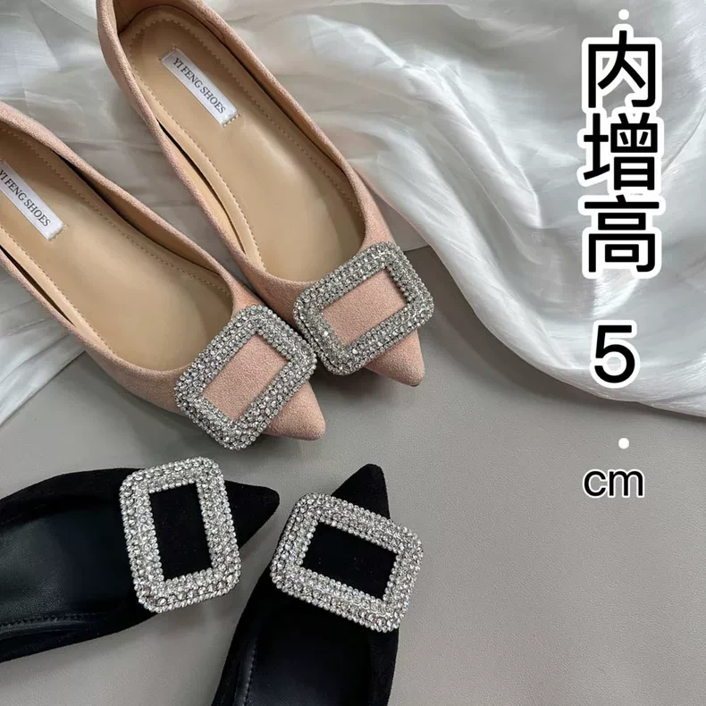 韩系方扣水钻浅口单鞋女2025新款春百搭细跟通勤鞋经典尖头高跟鞋