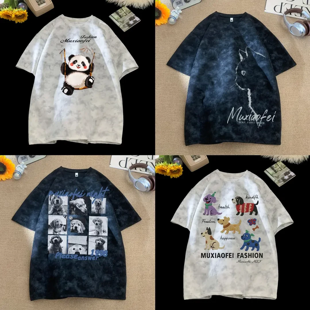 2025夏季新款圆领宽松情侣休闲T恤美式潮流扎染熊猫印花男生短袖